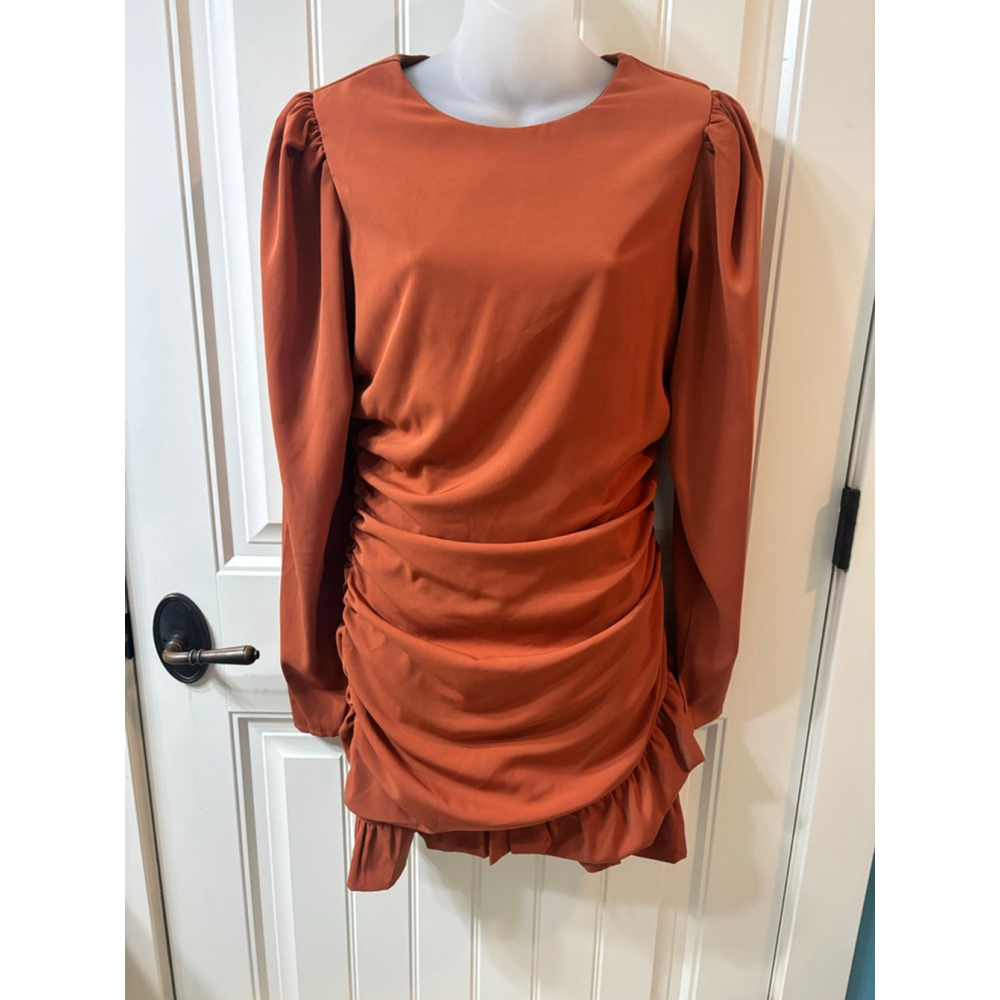 Women's Size Medium Rust/Burnt Orange ruched Mini Dress Long Sleeve prom dance